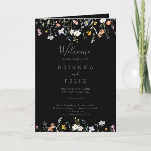 Wild Multicolor Floral Folded Black Wedding Program