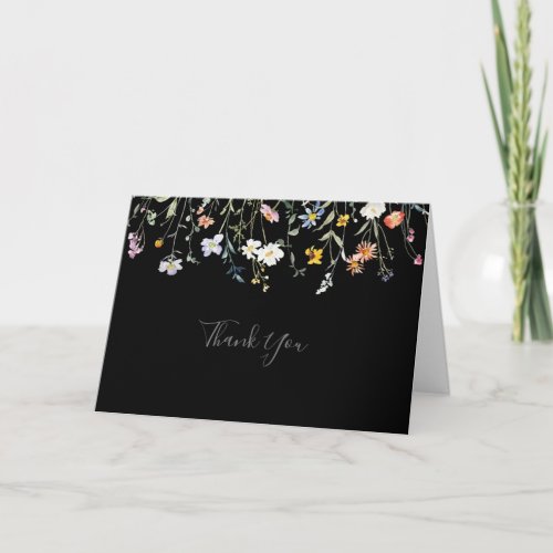 Wild Multicolor Floral Folded Black Wedding  Thank You Card
