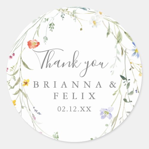 Wild Multicolor Floral Thank You Wedding Favor Classic Round Sticker