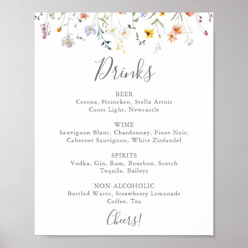 Wild Multicolor Floral Wedding Drinks Menu Sign