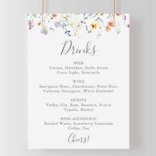 Wild Multicolor Floral Wedding Drinks Menu Sign