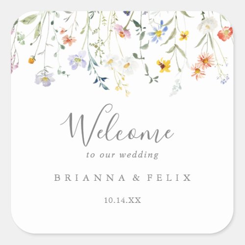 Wild Multicolor Floral Wedding Welcome Square Sticker