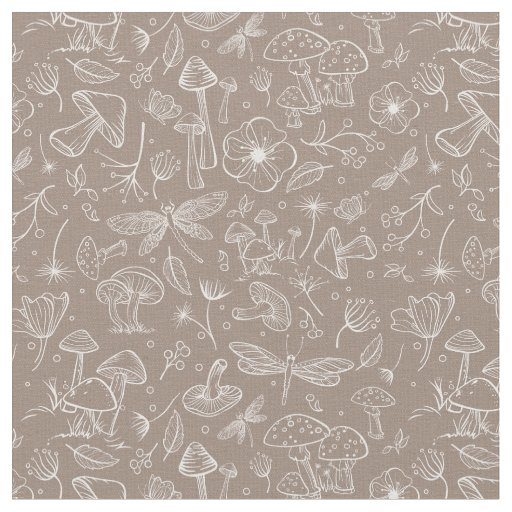 Wild Mushroom Botanical Print Fabric in Taupe