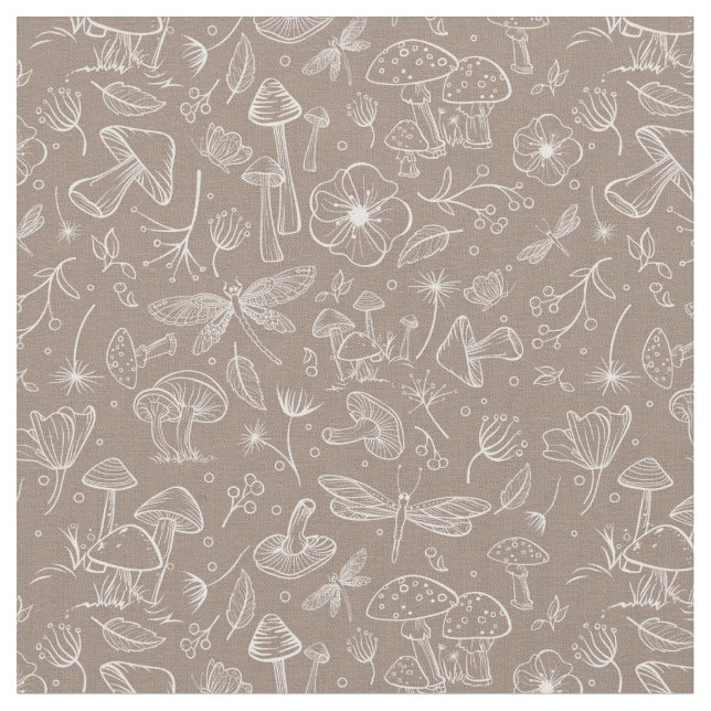 Wild Mushroom Botanical Print Fabric in Taupe (Close Up)
