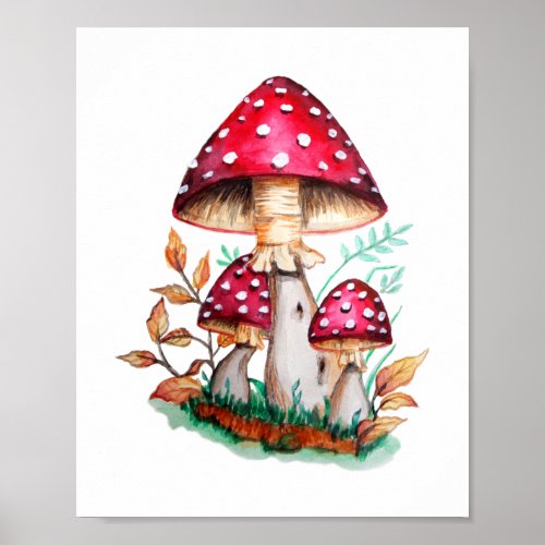 Wild Mushrooms Botanical Watercolor Painting Poster