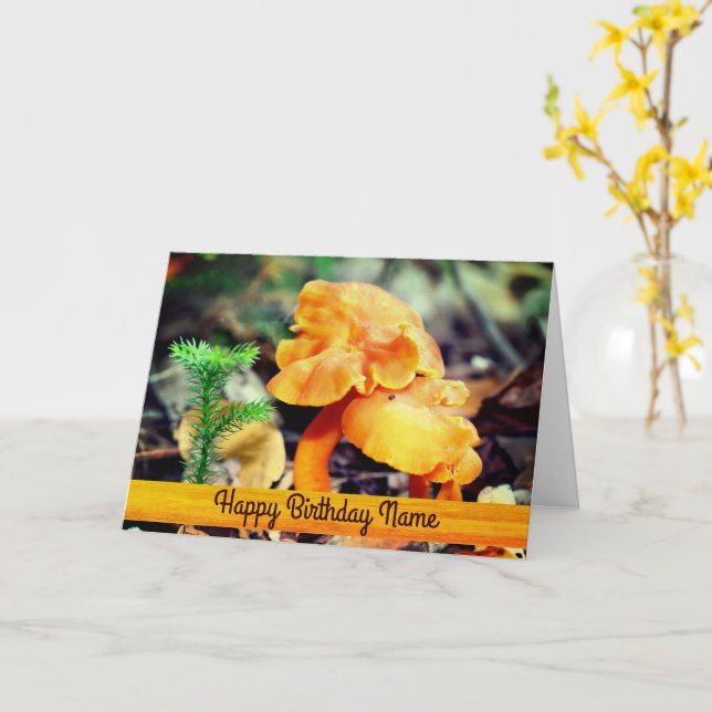 Wild Mushrooms Nature Personalized Birthday Card (Yellow Flower)