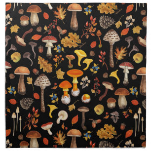 Wild mushrooms on black cloth napkin