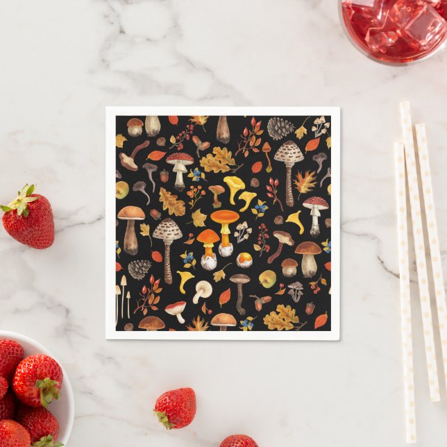 Wild mushrooms on black napkins (Insitu)