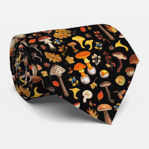 Wild mushrooms on black neck tie