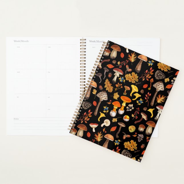 Wild mushrooms on black planner (Display)