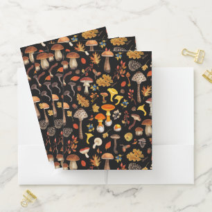 Wild mushrooms on black pocket folder