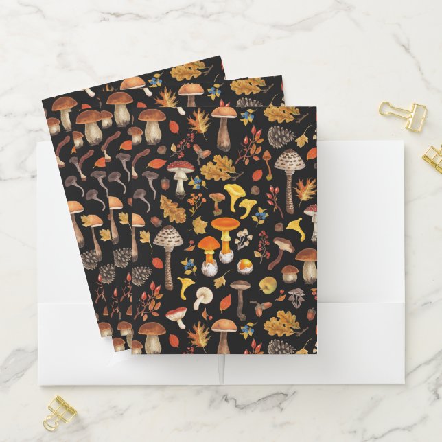 Wild mushrooms on black pocket folder (In Situ)
