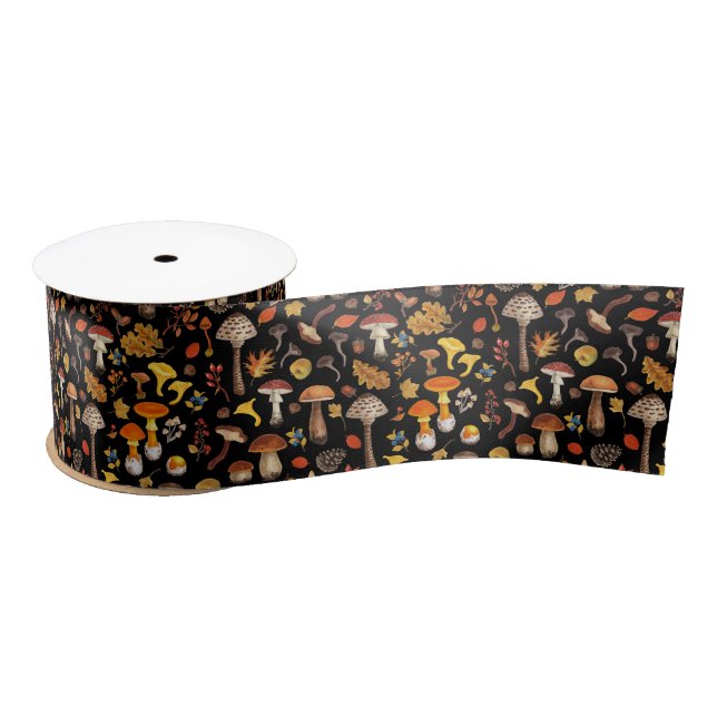 Wild mushrooms on black satin ribbon (Spool)