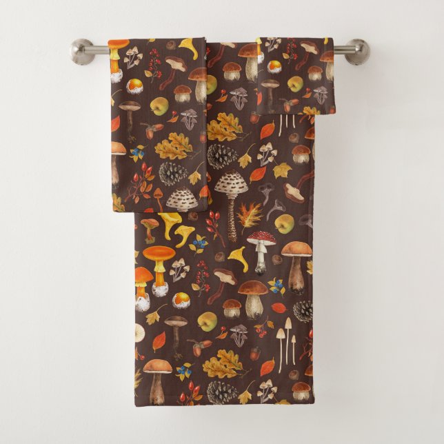 Wild mushrooms on brown bath towel set (Insitu)