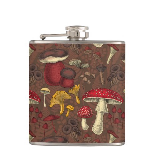 Wild mushrooms on brown flask