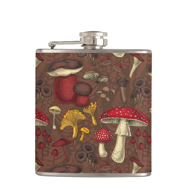 Wild mushrooms on brown flask (Front)
