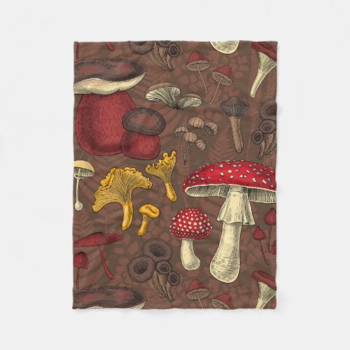Wild mushrooms on brown fleece blanket