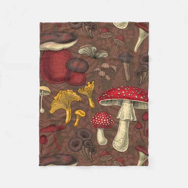 Wild mushrooms on brown fleece blanket (Front)