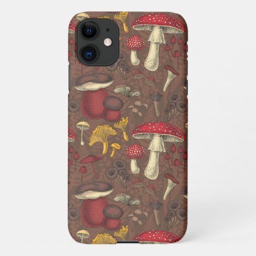 Wild mushrooms on brown iPhone 11 case