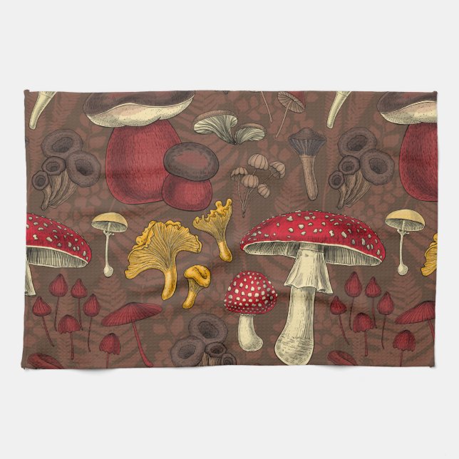 Wild mushrooms on brown kitchen towel (Horizontal)