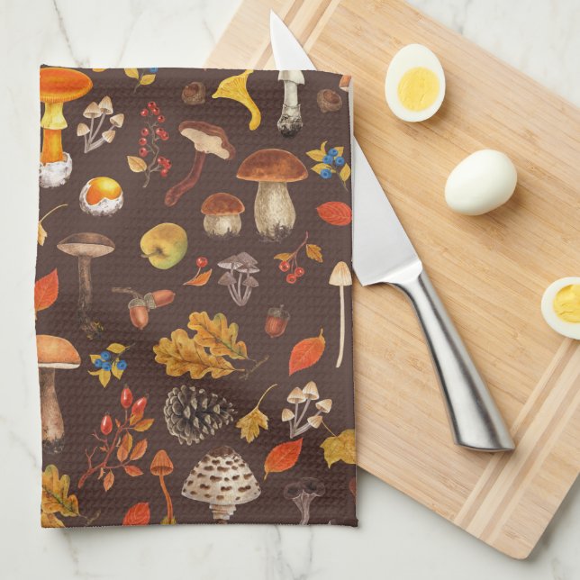 Wild mushrooms on brown kitchen towel (Quarter Fold)