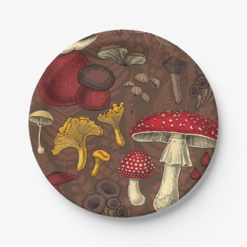Wild mushrooms on brown paper plates