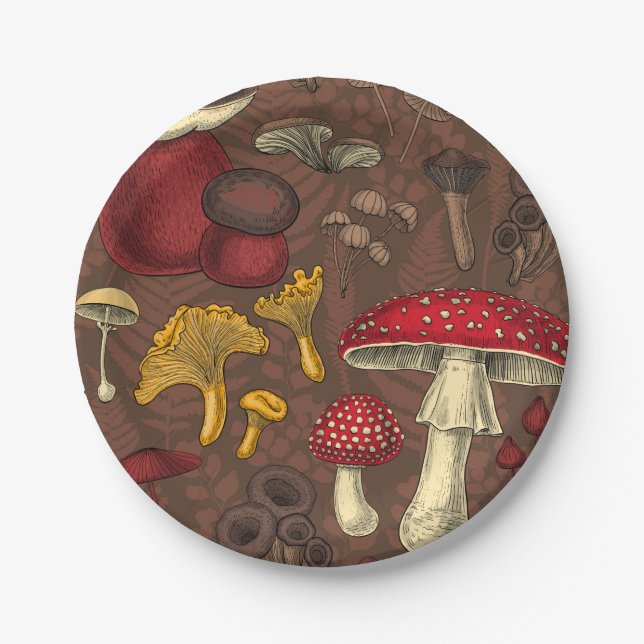 Wild mushrooms on brown paper plates (Front)
