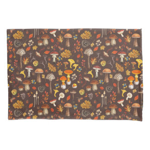 Wild mushrooms on brown pillow case