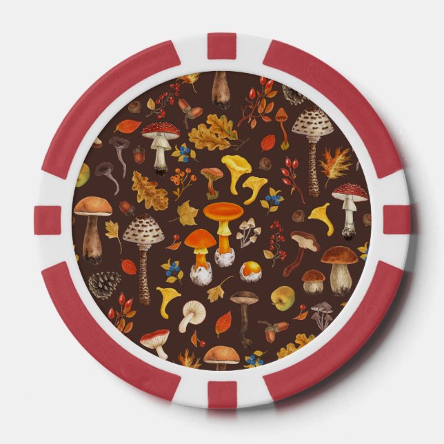 Wild mushrooms on brown poker chips (Front)