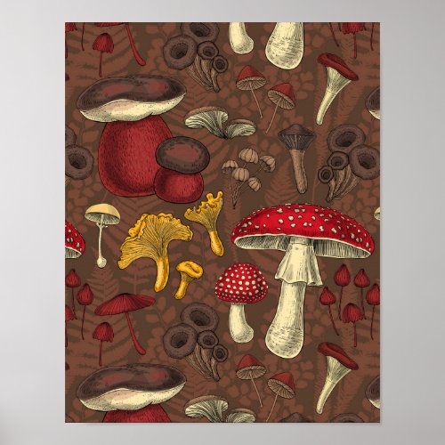 Wild mushrooms on brown poster