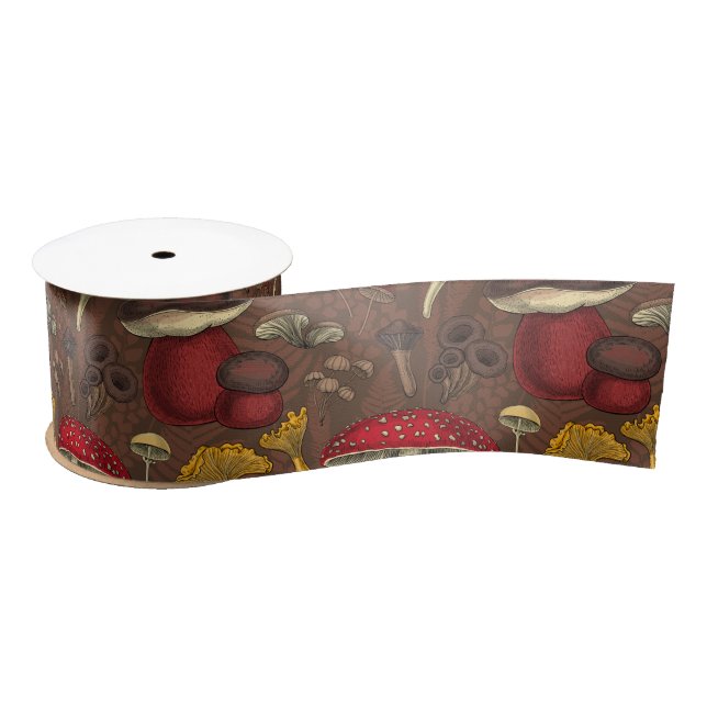 Wild mushrooms on brown satin ribbon (Spool)