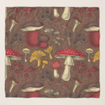 Wild mushrooms on brown scarf<br><div class="desc">Hand drawn vector pattern with various wild mushrooms</div>