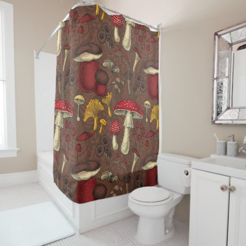 Wild mushrooms on brown shower curtain