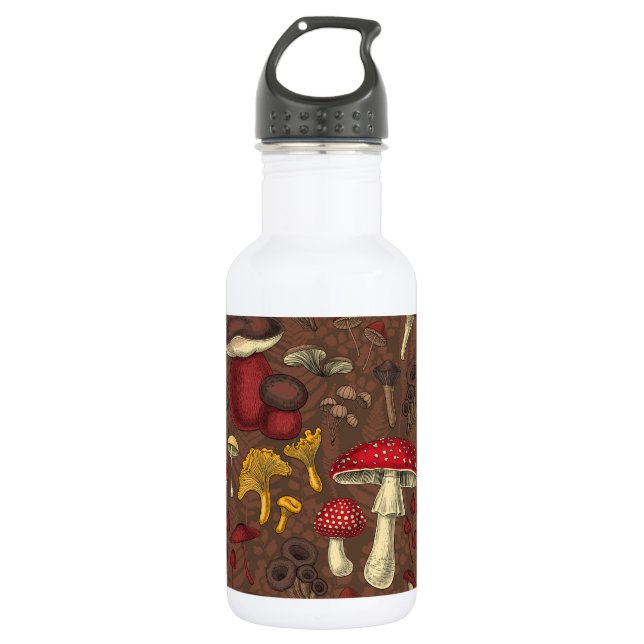 Wild mushrooms on brown stainless steel water bottle (Front)