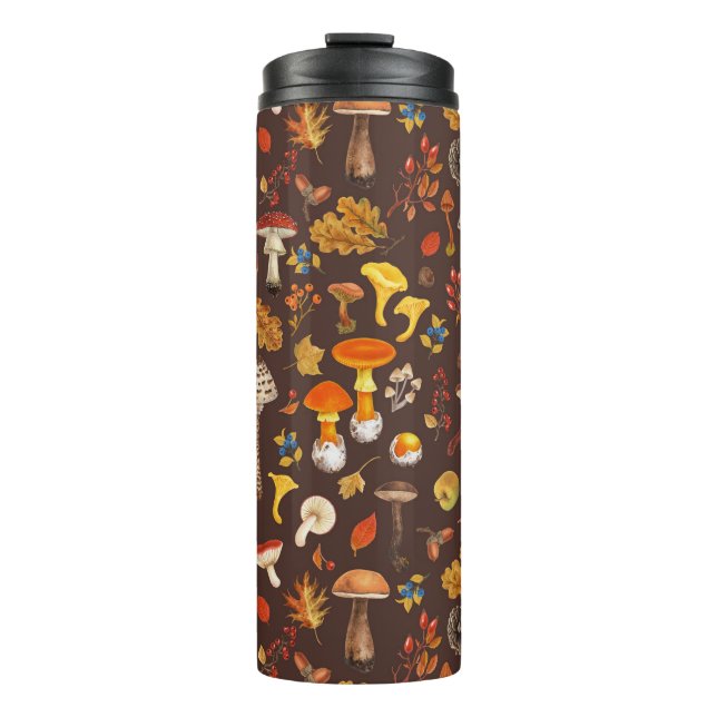 Wild mushrooms on brown thermal tumbler (Front)