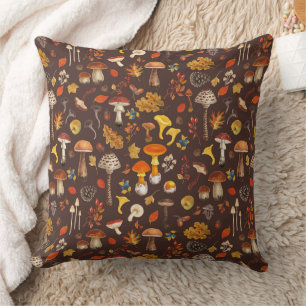 Wild mushrooms on brown throw pillow