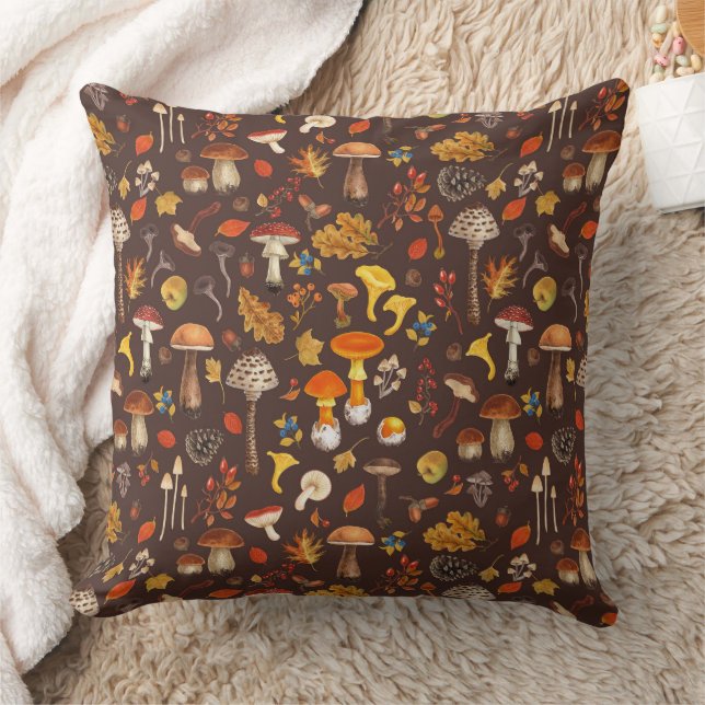 Wild mushrooms on brown throw pillow (Blanket)