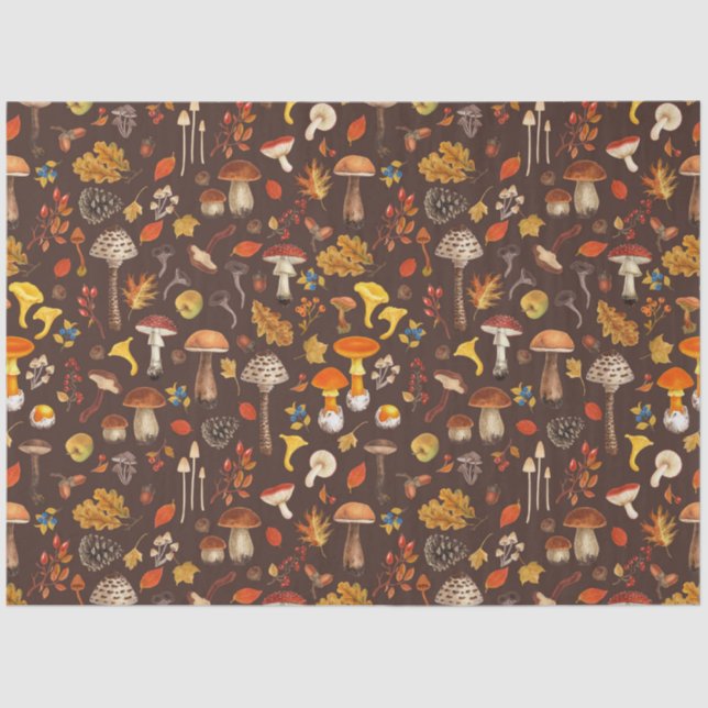 Wild mushrooms on brown tissue paper (Front)