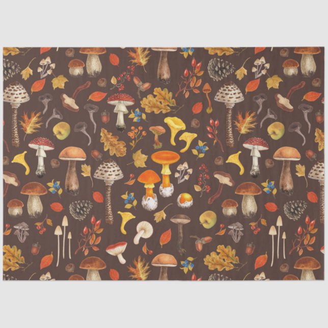Wild mushrooms on brown tissue paper (Front)