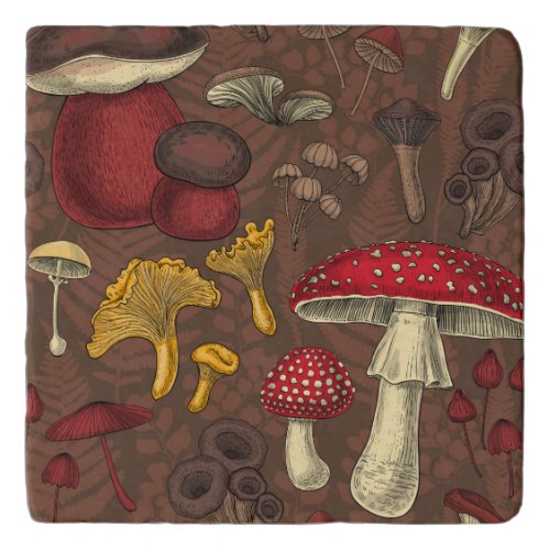 Wild mushrooms on brown trivet