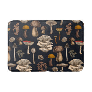 Wild Mushrooms  on graphite black Bath Mat