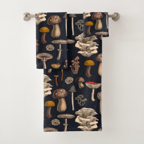 Wild Mushrooms  on graphite black Bath Towel Set