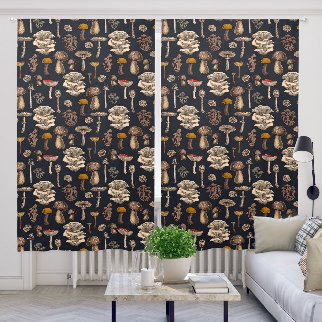 Wild Mushrooms  on graphite black Blackout Curtains (Living Room)