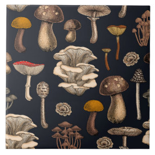 Wild Mushrooms  on graphite black Ceramic Tile