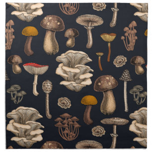 Wild Mushrooms on graphite black Cloth Napkin