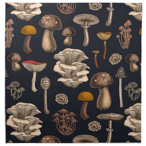 Wild Mushrooms  on graphite black Cloth Napkin