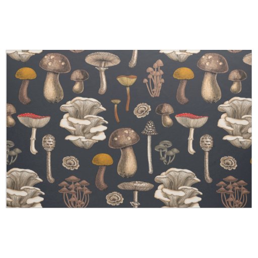 Wild Mushrooms  on graphite black Fabric