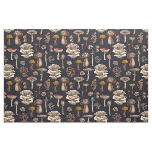 Wild Mushrooms  on graphite black Fabric