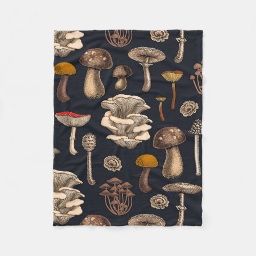 Wild Mushrooms  on graphite black Fleece Blanket