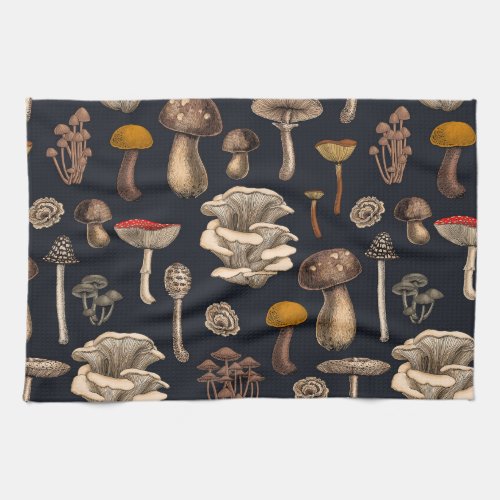 Wild Mushrooms  on graphite black Kitchen Towel